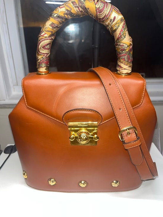 Salvatore Ferragamo Handbags - Salvatore Ferragamo Vintage Caramel Leather Top-Handle Bag with Silk Scarf (COA)